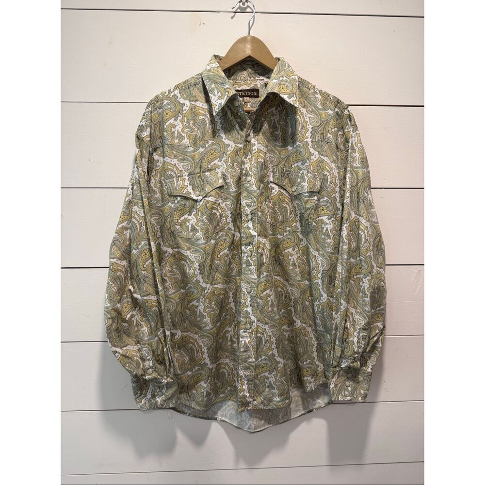 Vintage Stetson Western Paisley Pearl Snap Shirt Men’s Large Sage Green White Co